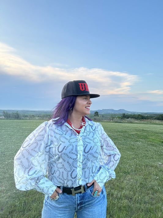 Sheer Chiffon Horseshoe Print Blouse