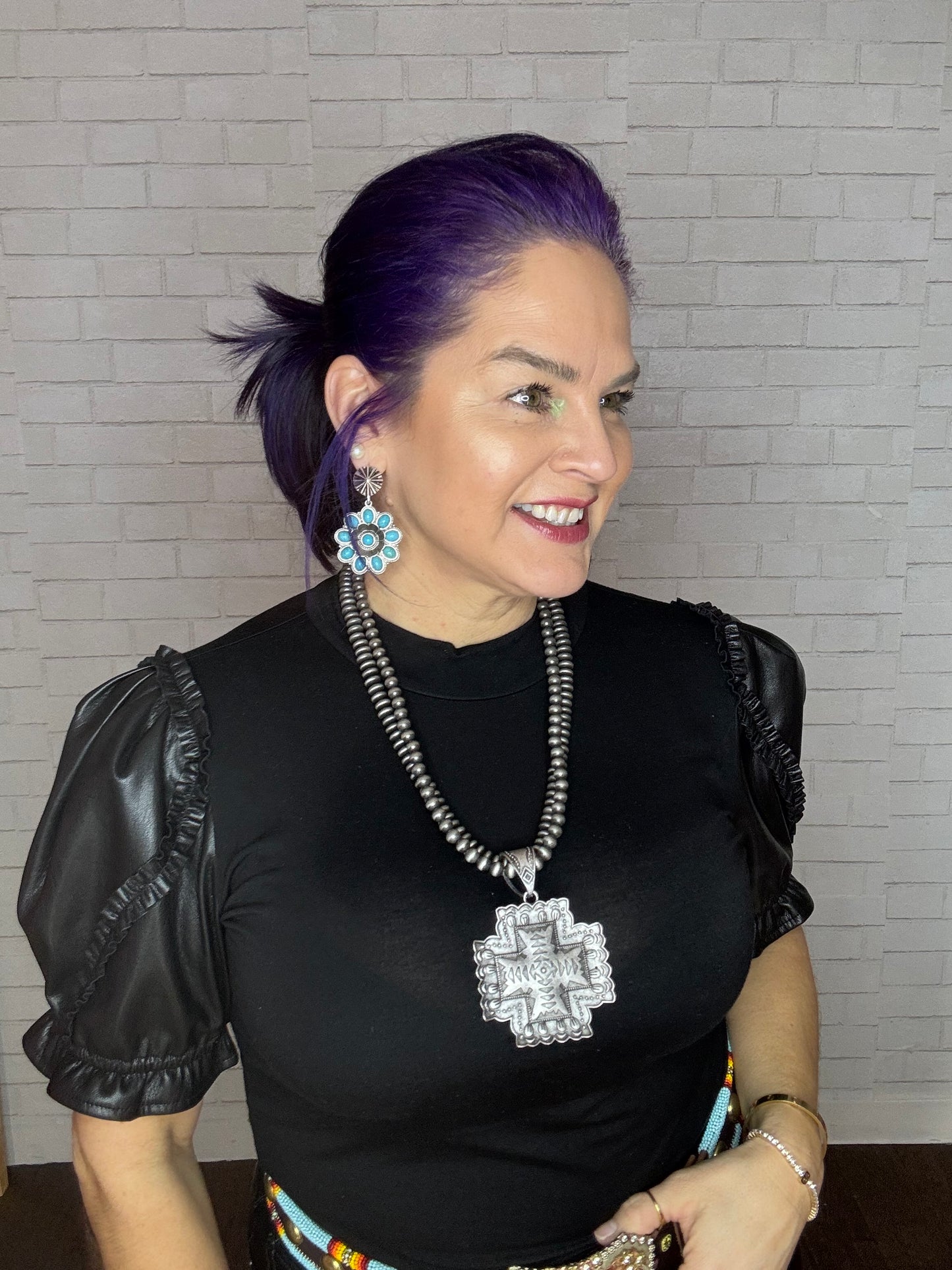 Double Pearl Beads with Metal Cross Necklace