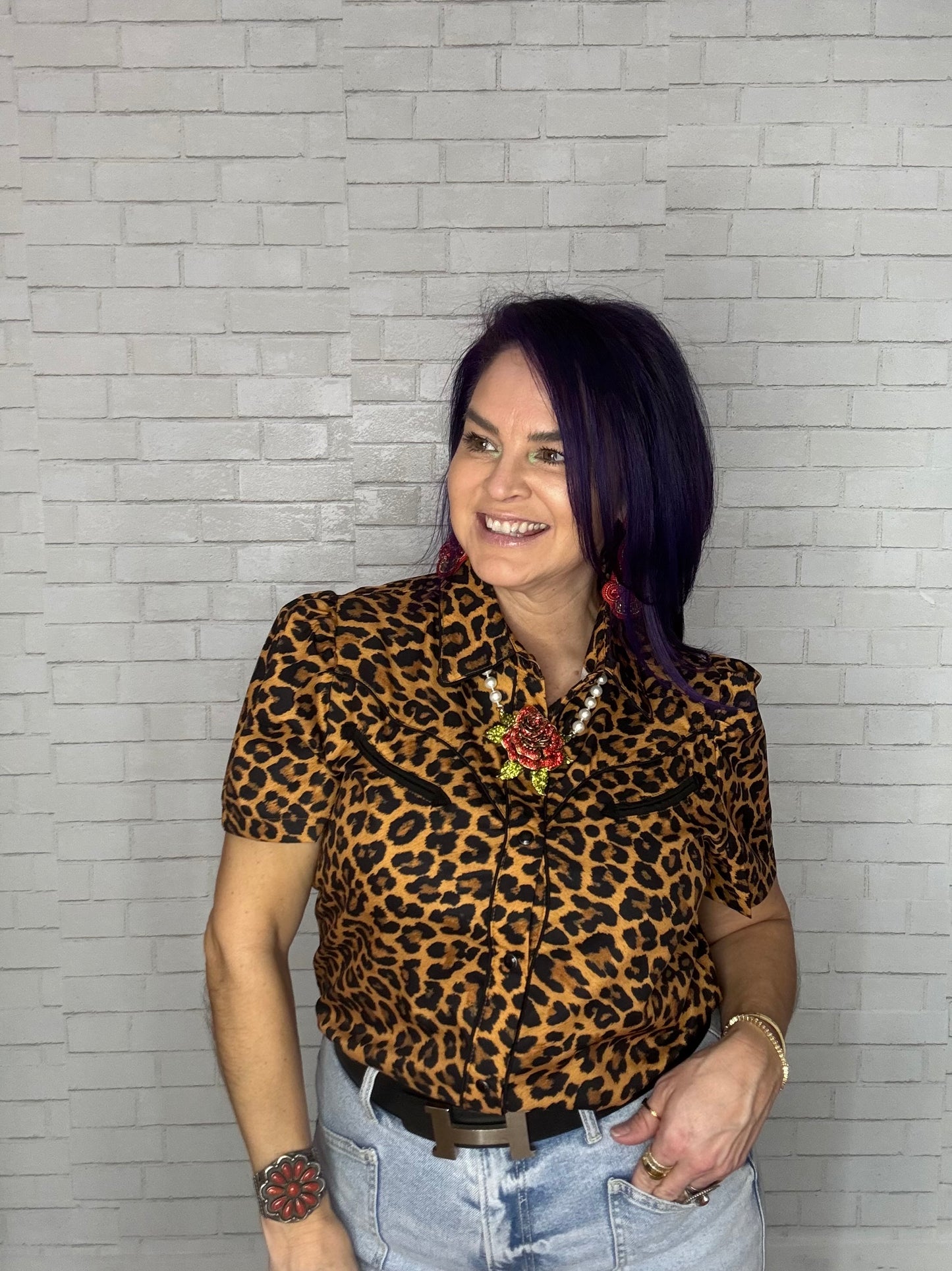 Western Short Sleeve Blouse with Pearl Snap Buttons Leopard Print