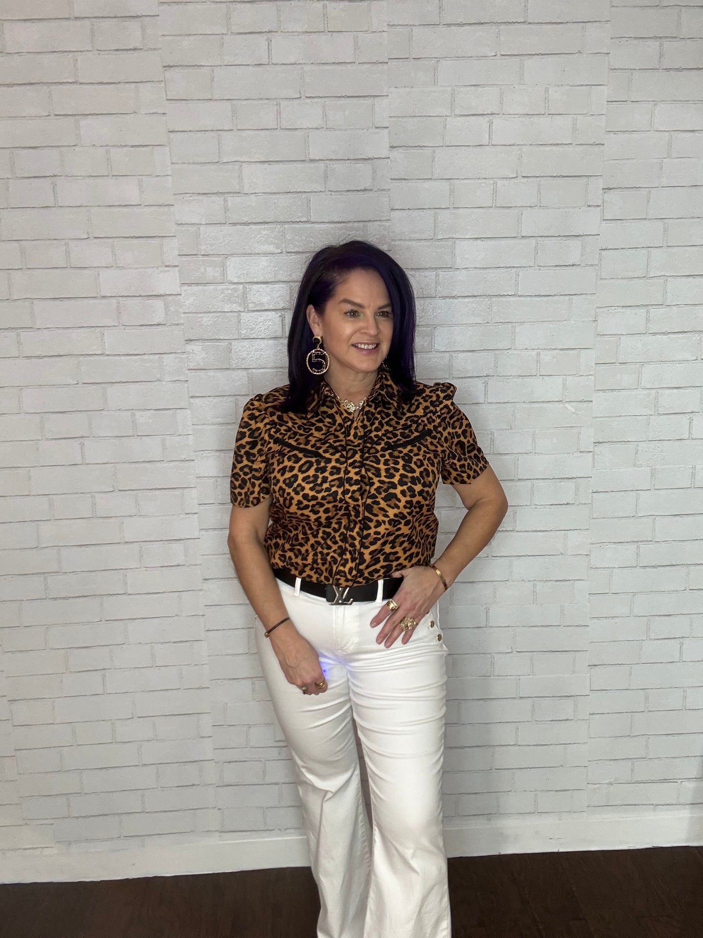 Western Short Sleeve Blouse with Pearl Snap Buttons Leopard Print