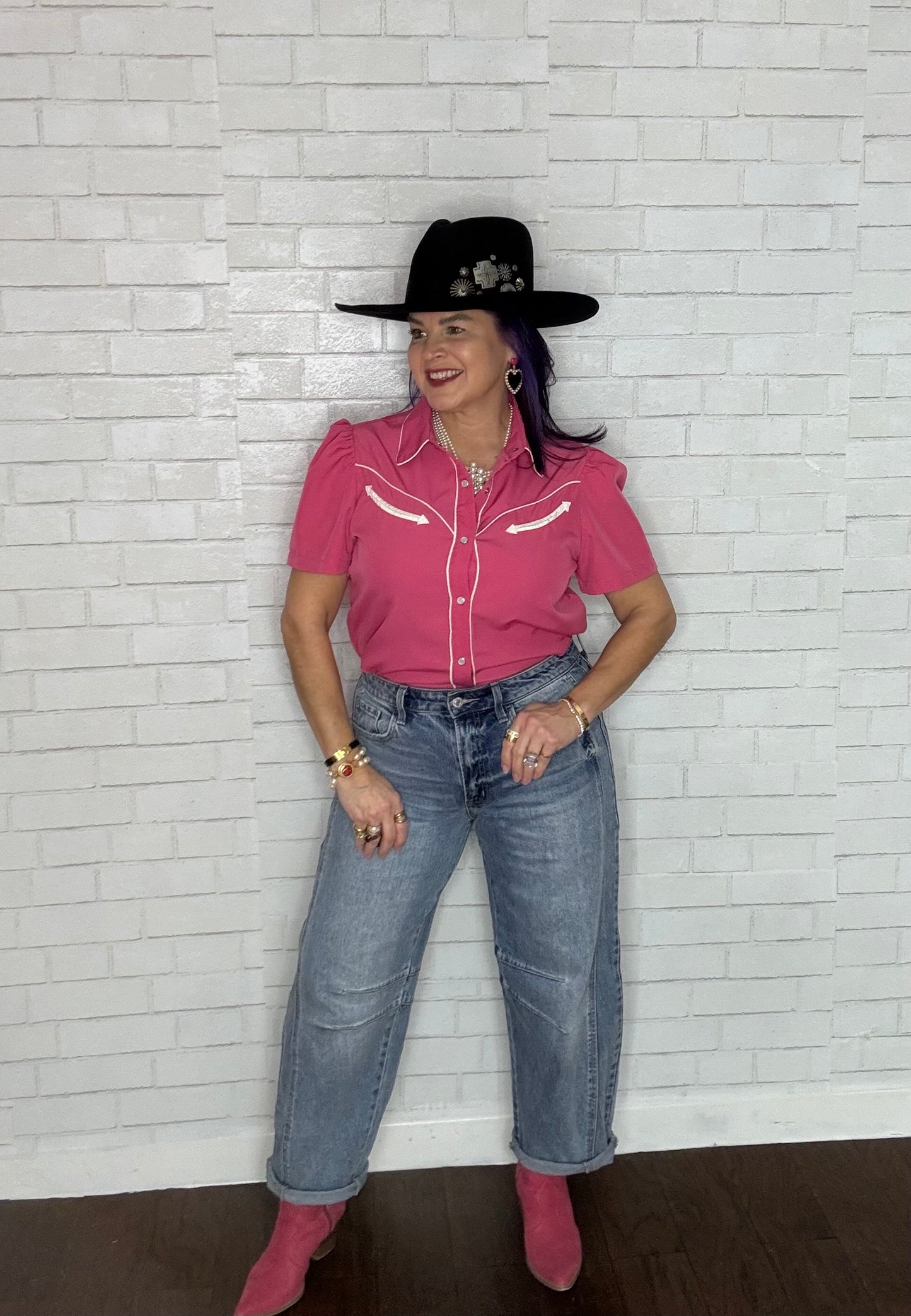 Western Short Sleeve Blouse with Pearl Snap Buttons Hot Pink