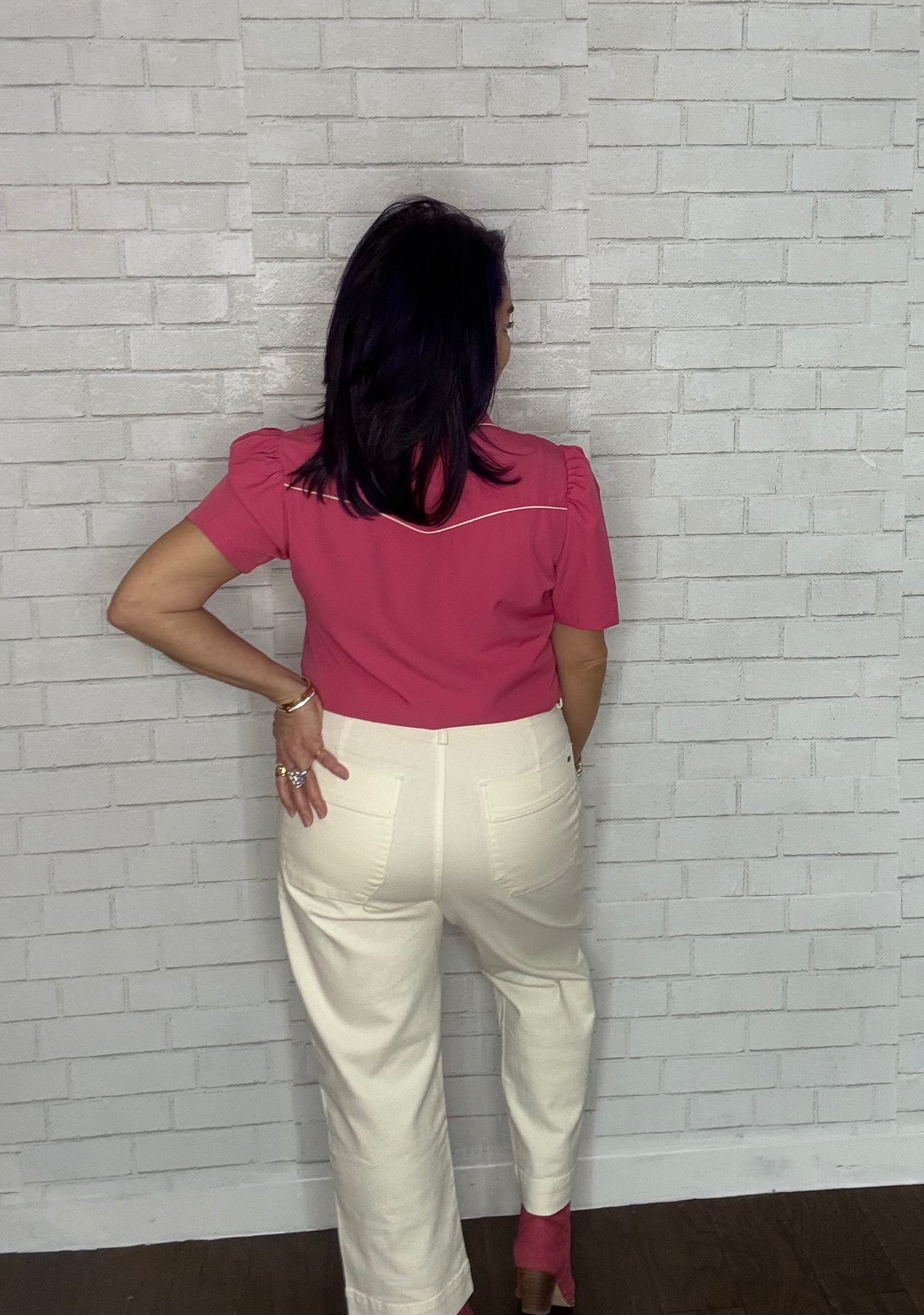 Western Short Sleeve Blouse with Pearl Snap Buttons Hot Pink