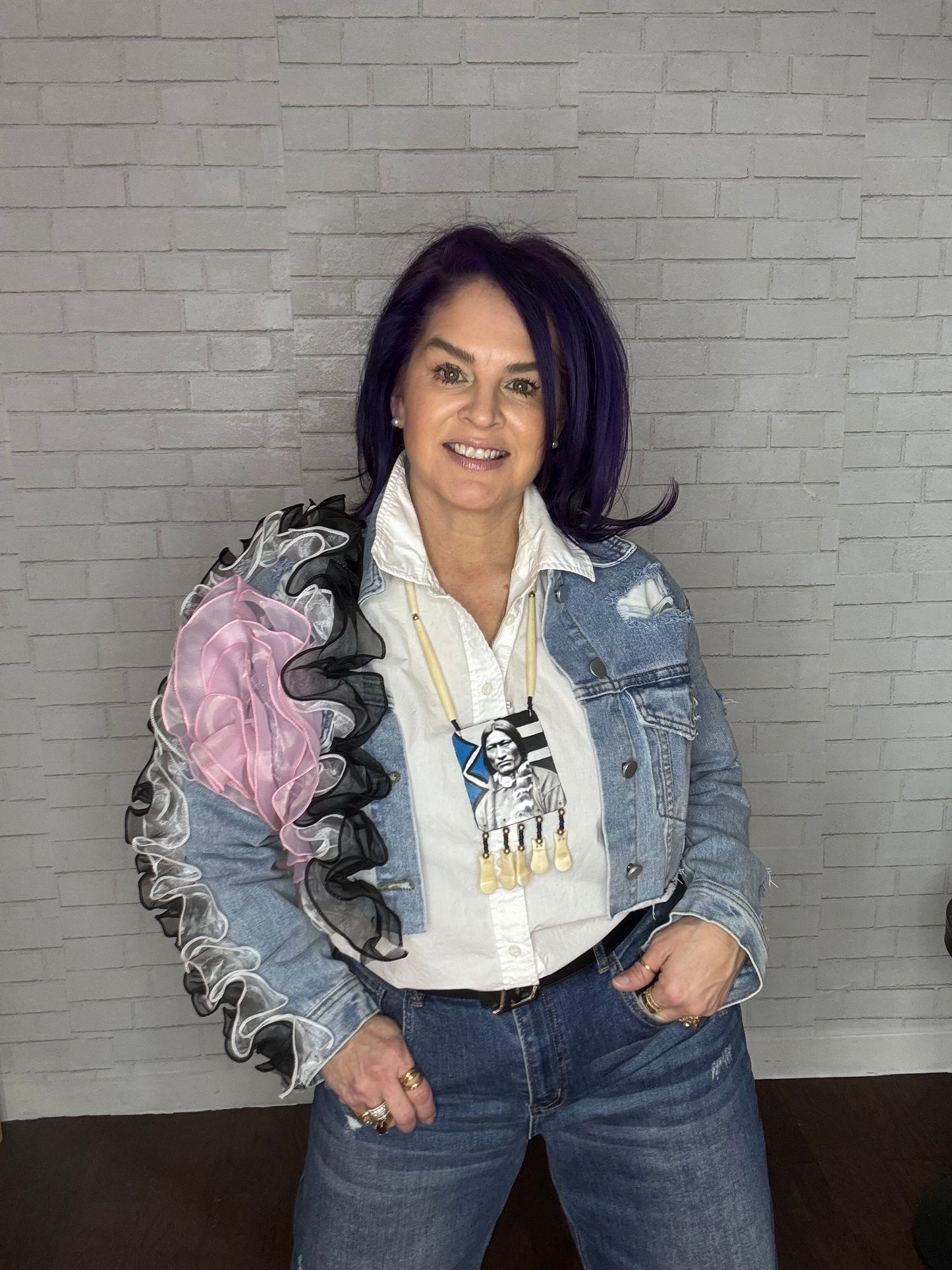 Cropped Denim Jacket with Mesh Flowers