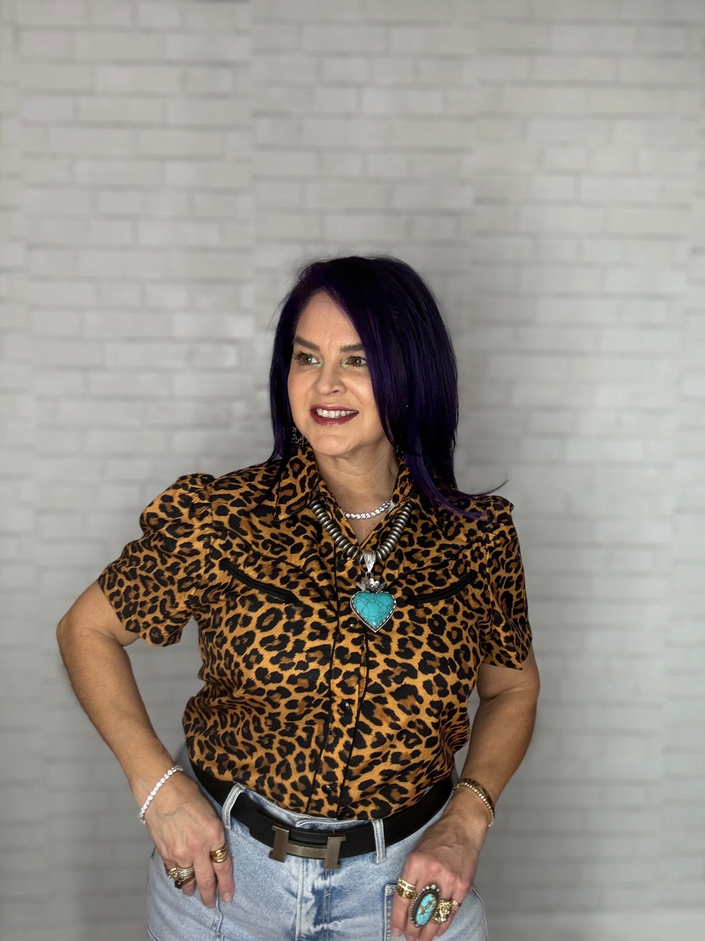 Western Short Sleeve Blouse with Pearl Snap Buttons Leopard Print