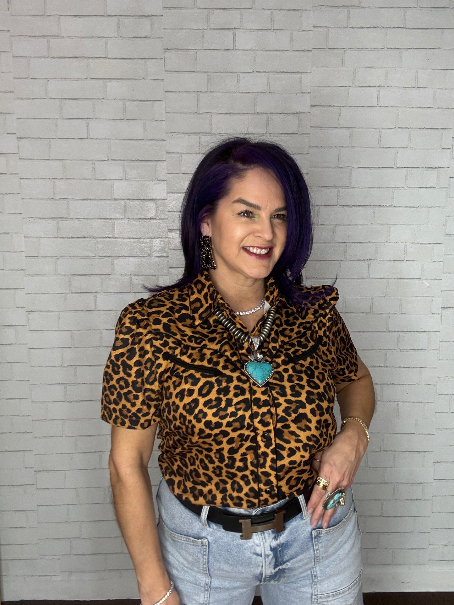 Western Short Sleeve Blouse with Pearl Snap Buttons Leopard Print