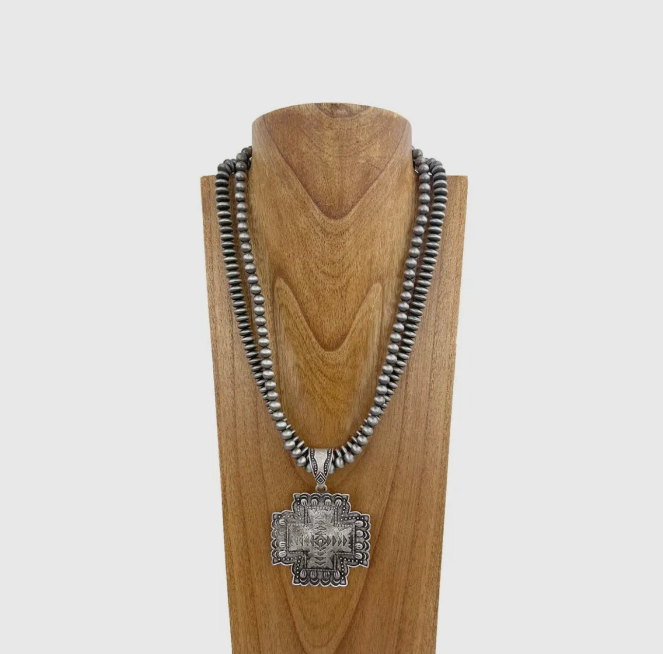 Double Pearl Beads with Metal Cross Necklace