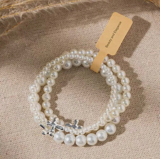 Stackable Pearl Cross Bracelets