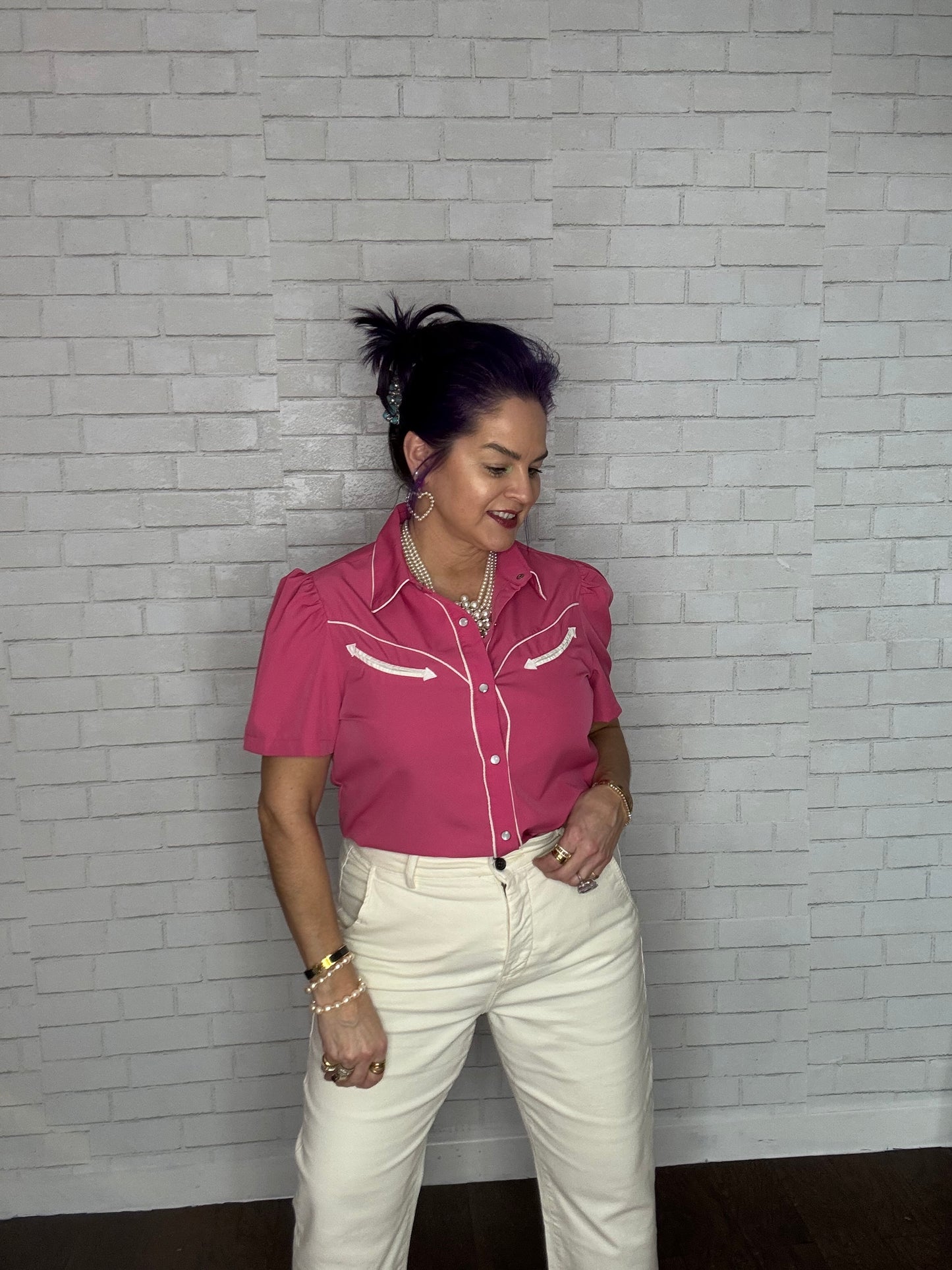 Western Short Sleeve Blouse with Pearl Snap Buttons Hot Pink