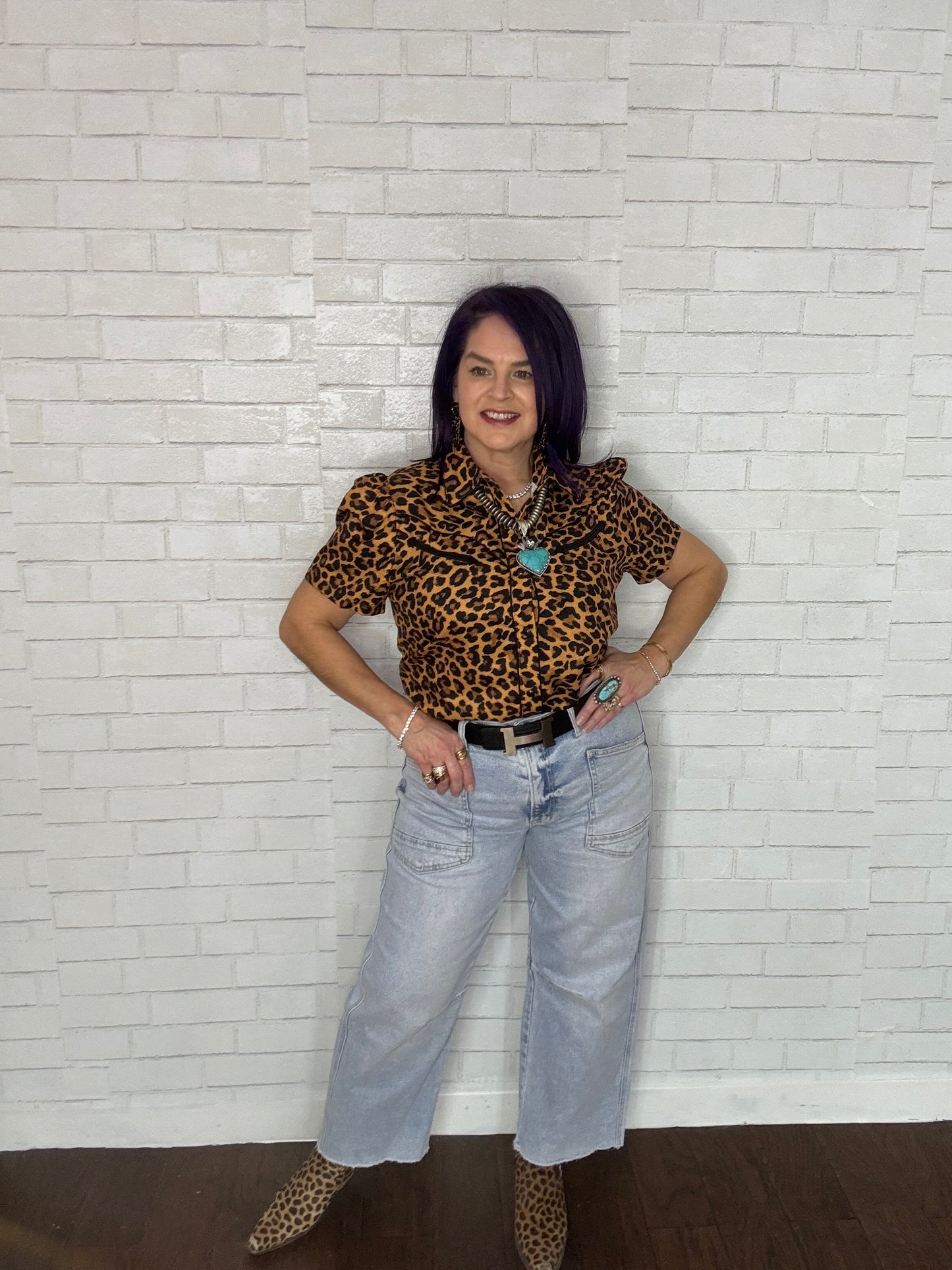 Western Short Sleeve Blouse with Pearl Snap Buttons Leopard Print
