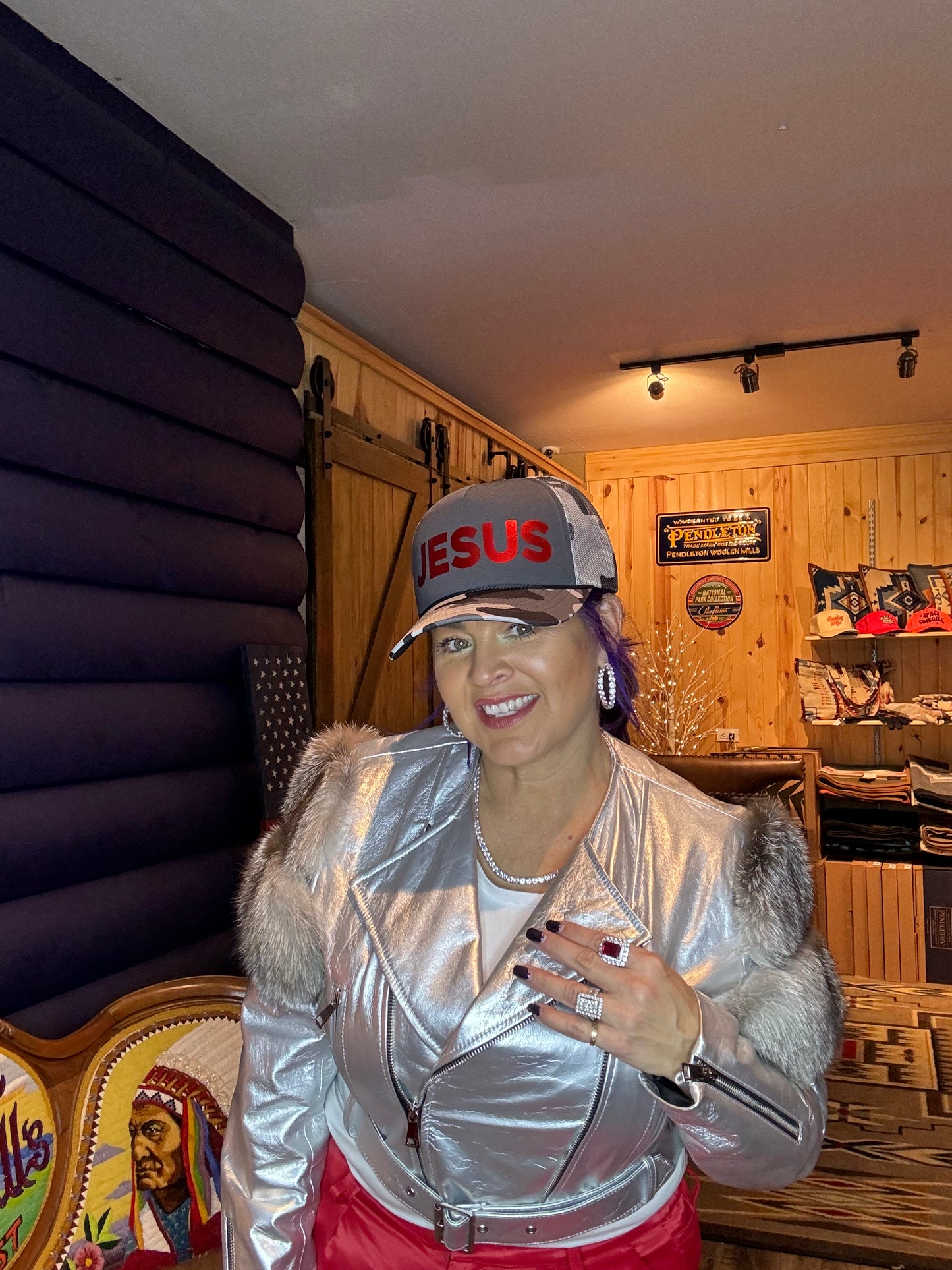 JESUS White Snow Camo Trucker Cap w/Metallic Red