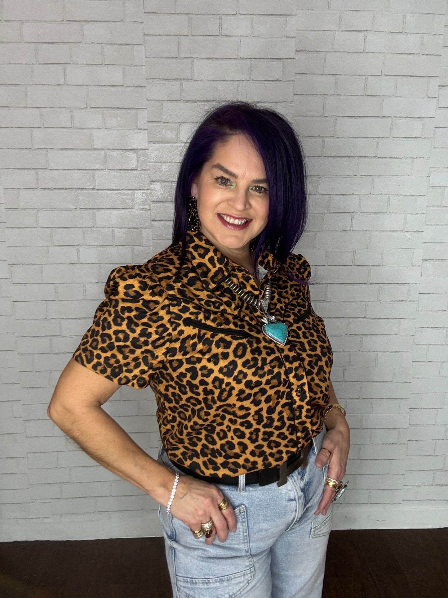Western Short Sleeve Blouse with Pearl Snap Buttons Leopard Print