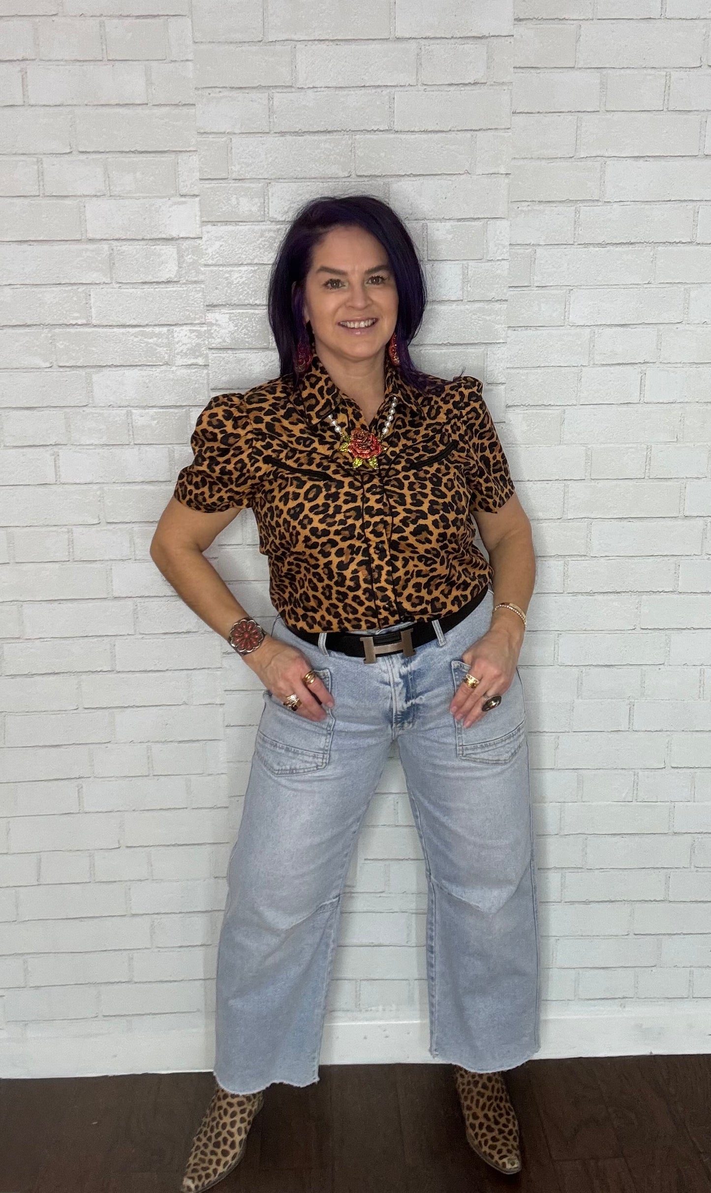 Western Short Sleeve Blouse with Pearl Snap Buttons Leopard Print
