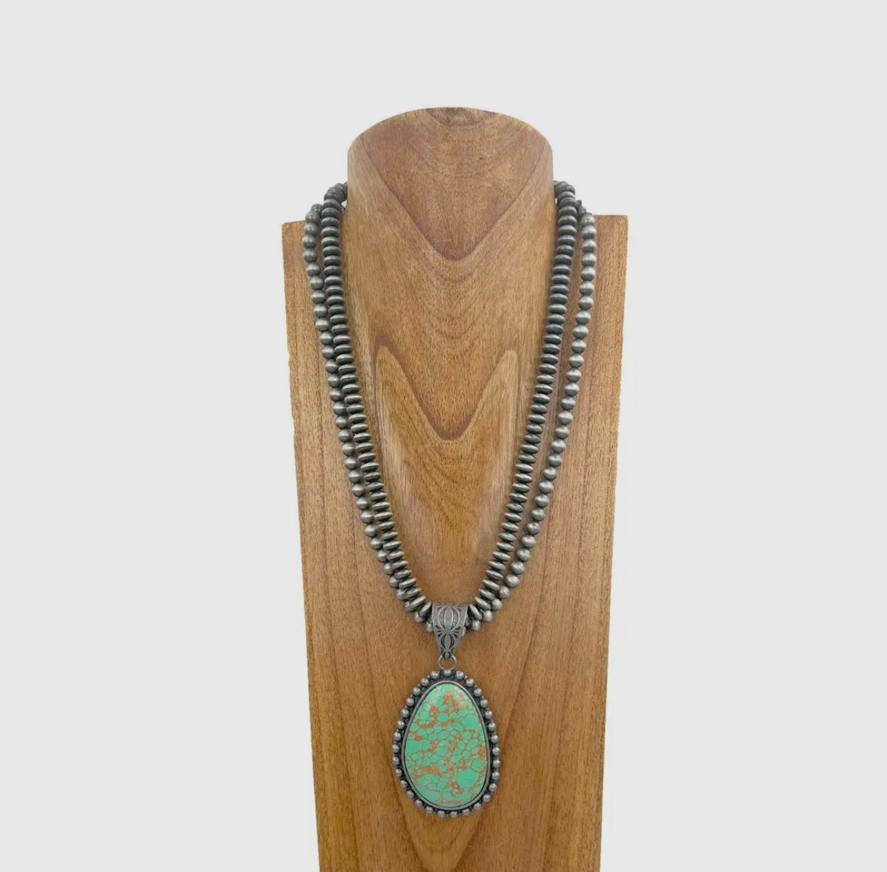 Double Silver Pearl Beads Strings Green Stone Pendant Necklace