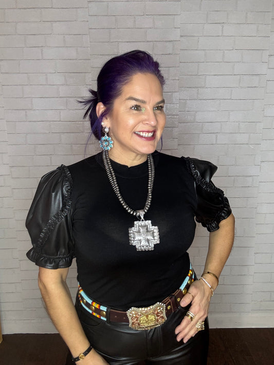 Double Pearl Beads with Metal Cross Necklace