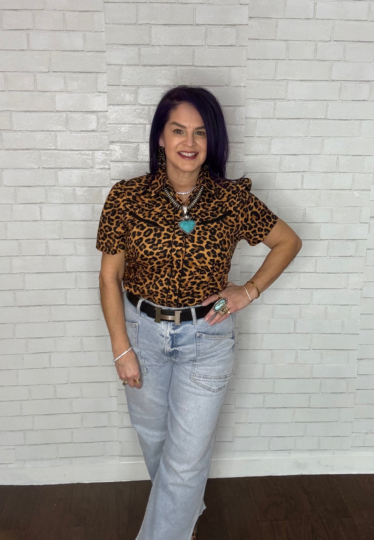 Western Short Sleeve Blouse with Pearl Snap Buttons Leopard Print