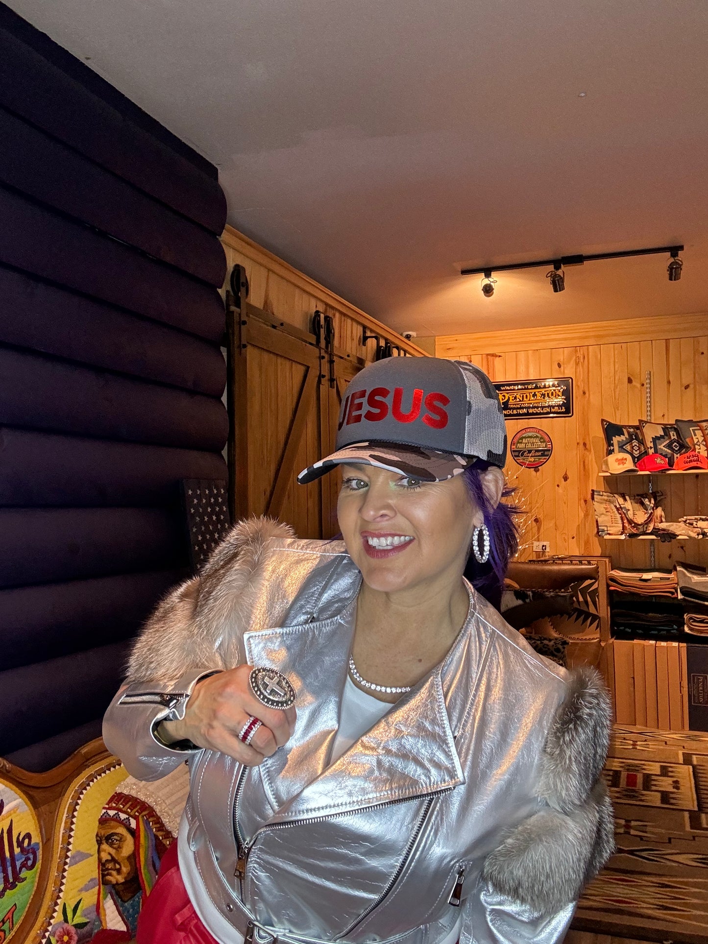 JESUS White Snow Camo Trucker Cap w/Metallic Red