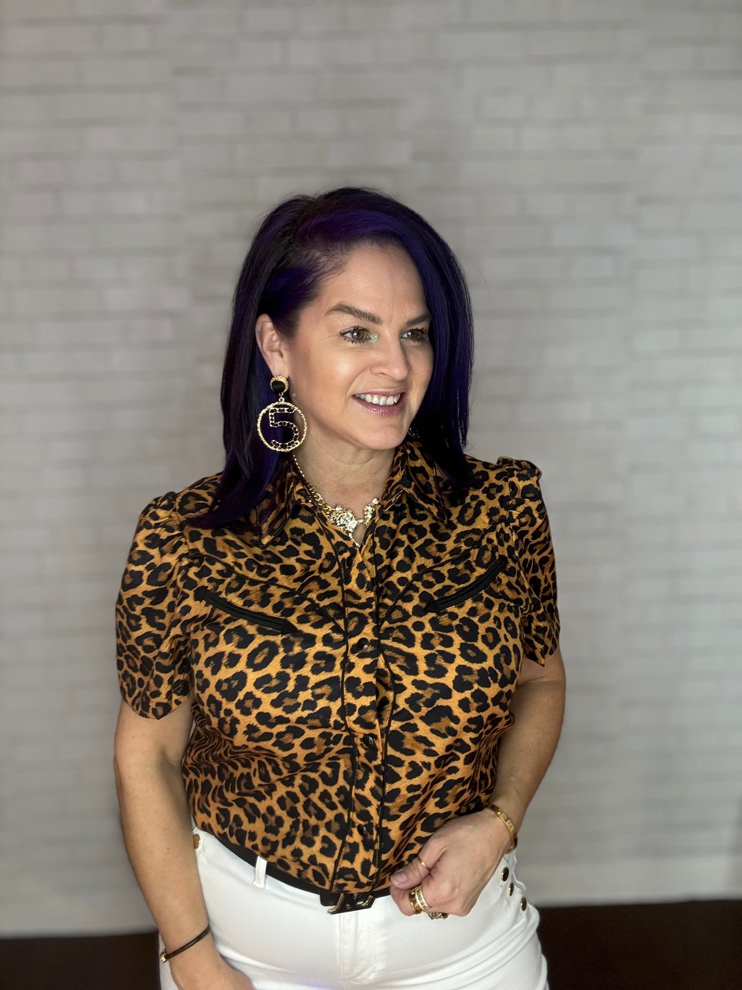 Western Short Sleeve Blouse with Pearl Snap Buttons Leopard Print