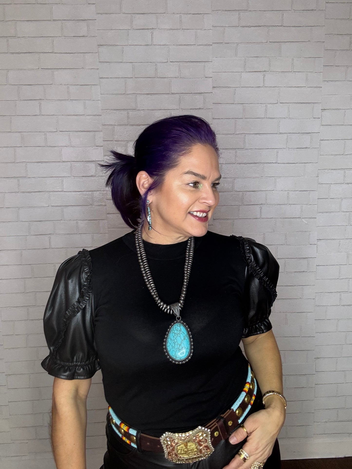 Double Silver Pearl Beads Strings Blue Stone Pendant Necklace