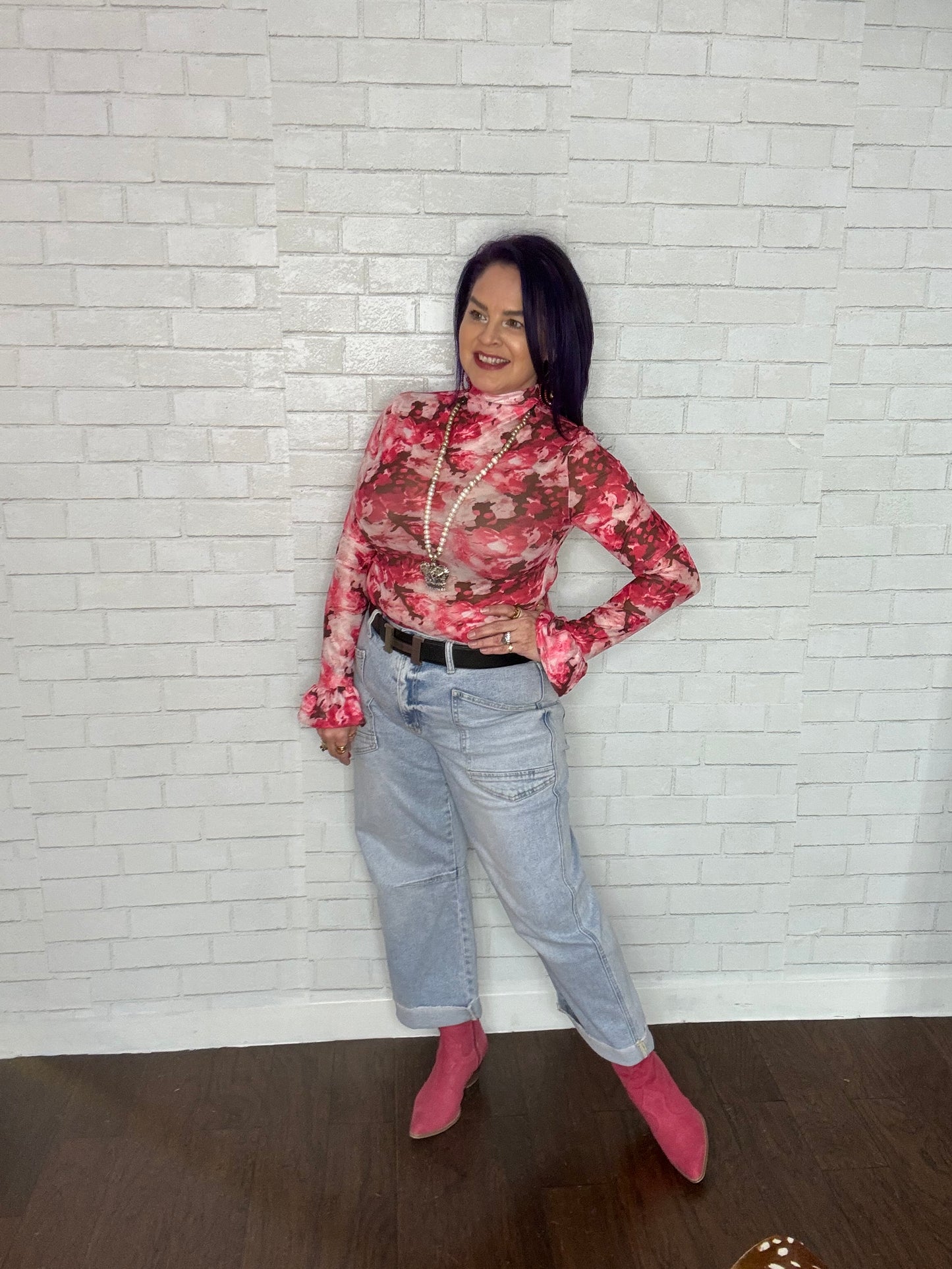 Pink Floral Mesh Top