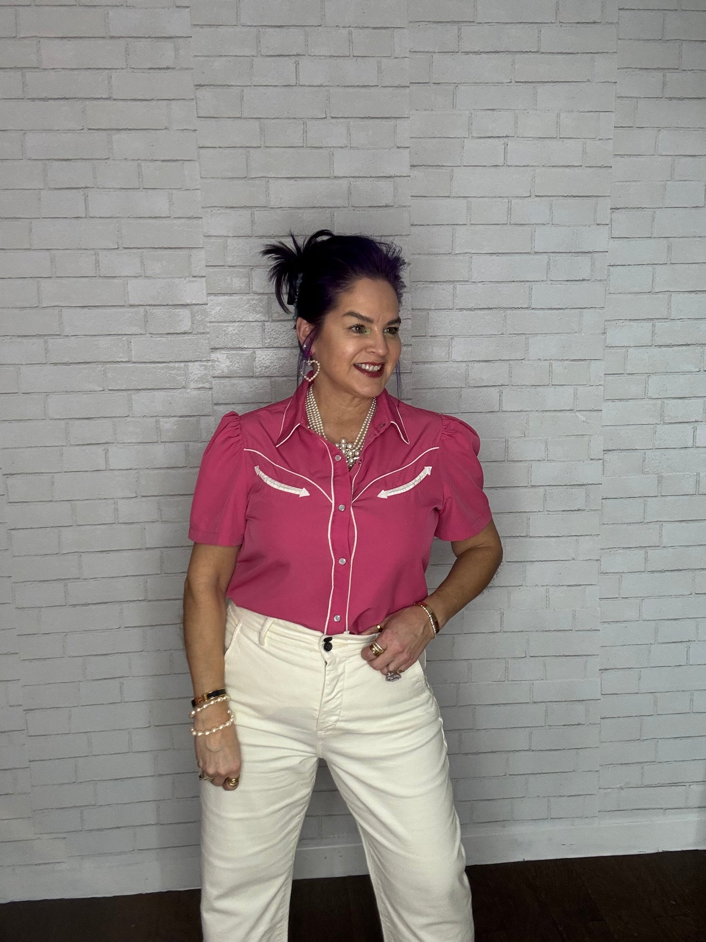 Western Short Sleeve Blouse with Pearl Snap Buttons Hot Pink