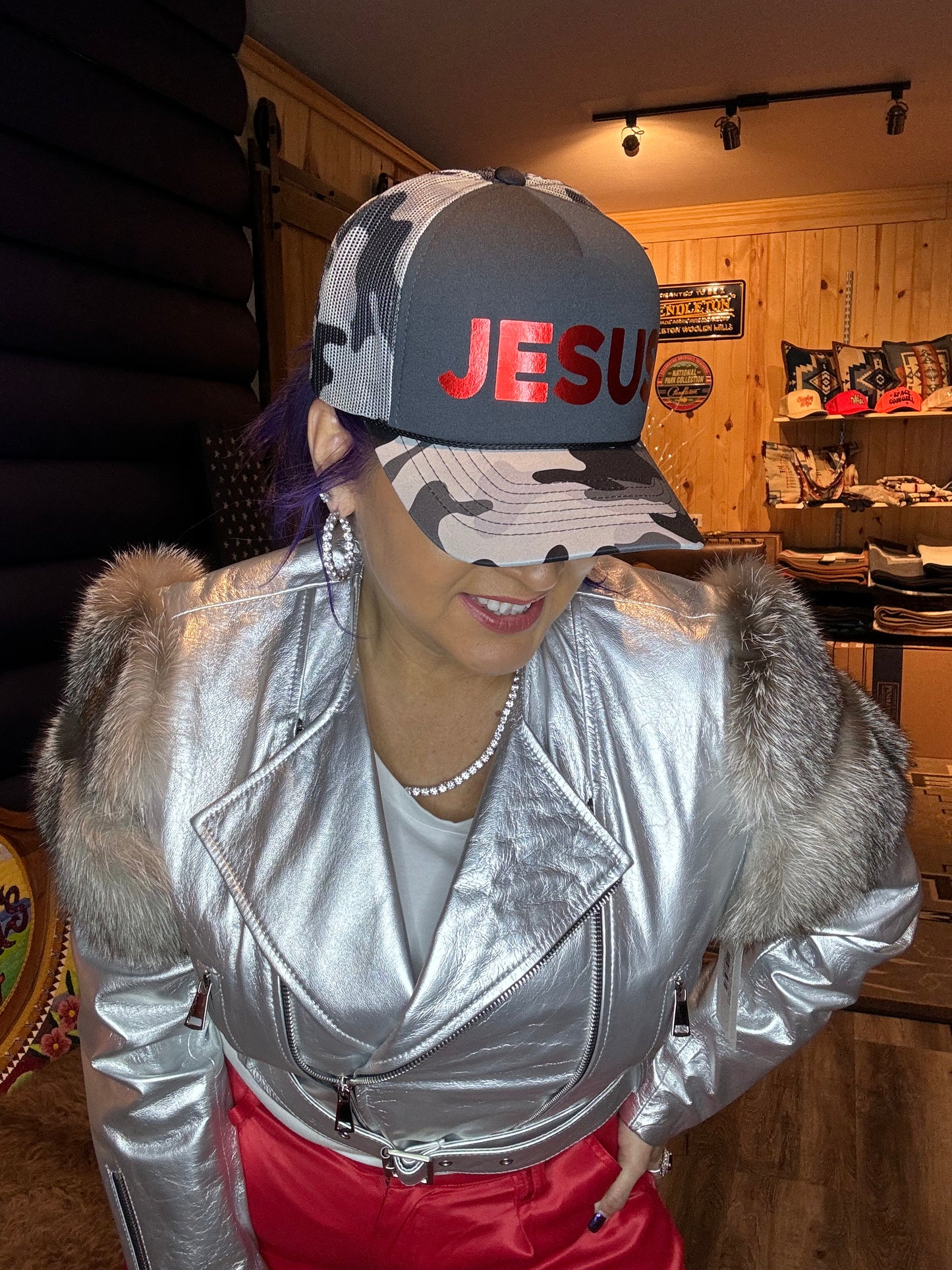 JESUS White Snow Camo Trucker Cap w/Metallic Red