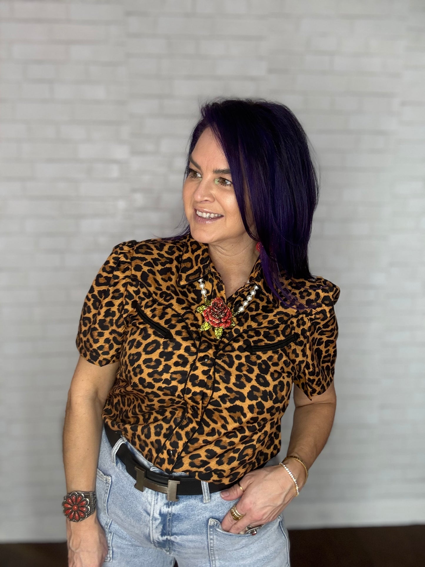 Western Short Sleeve Blouse with Pearl Snap Buttons Leopard Print