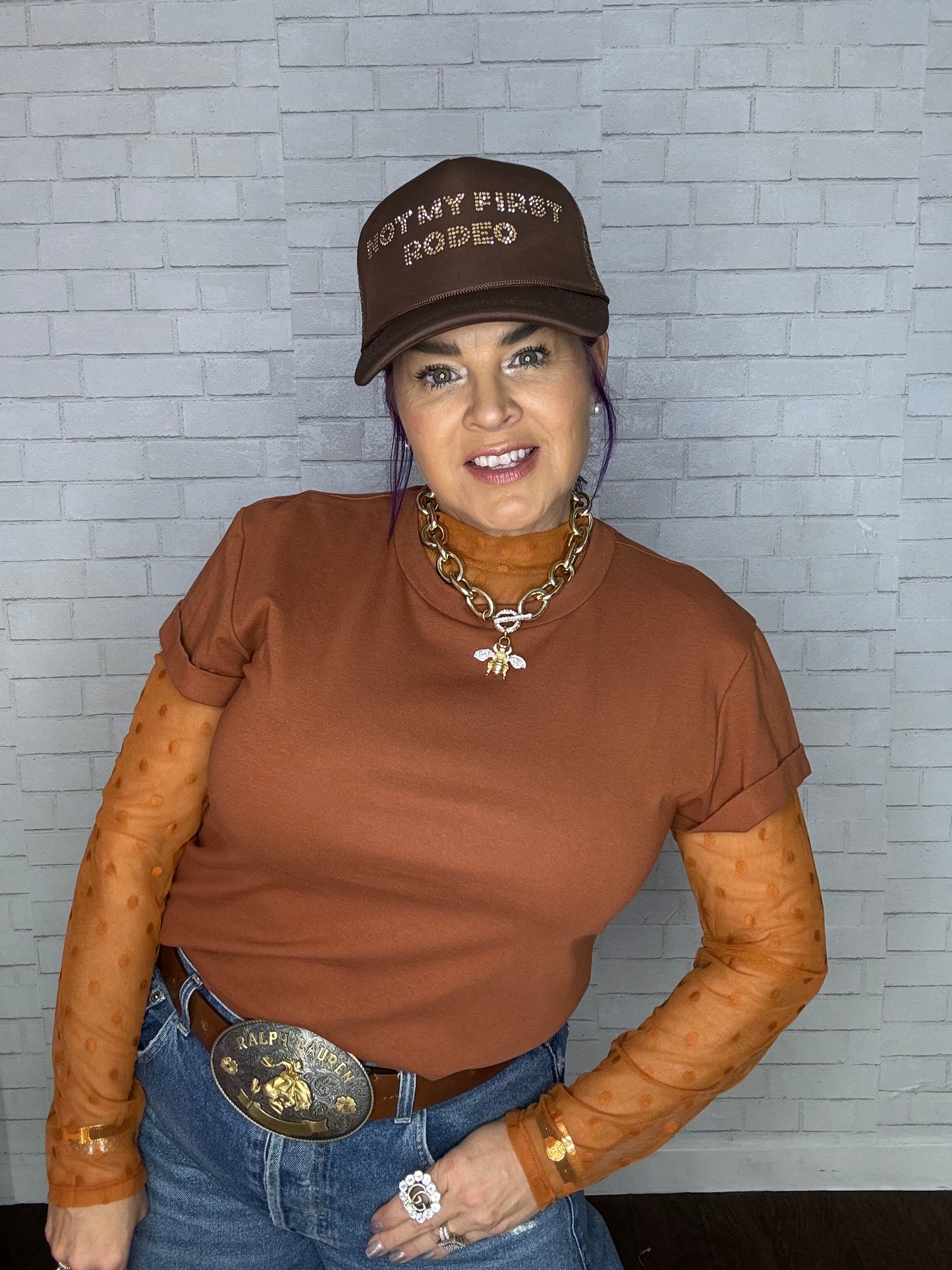 Bronze Polka Dot Mesh Top