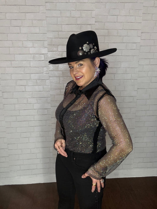 Rhinestone Sheer Fishnet Button Up Blouse
