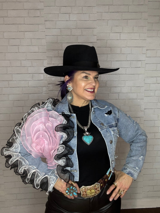 Cropped Denim Jacket with Mesh Flowers