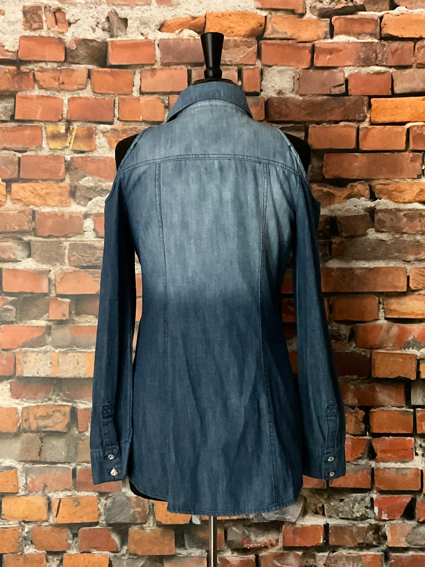 Cold-Shoulder Denim Shirt with Rhinestone Buttons