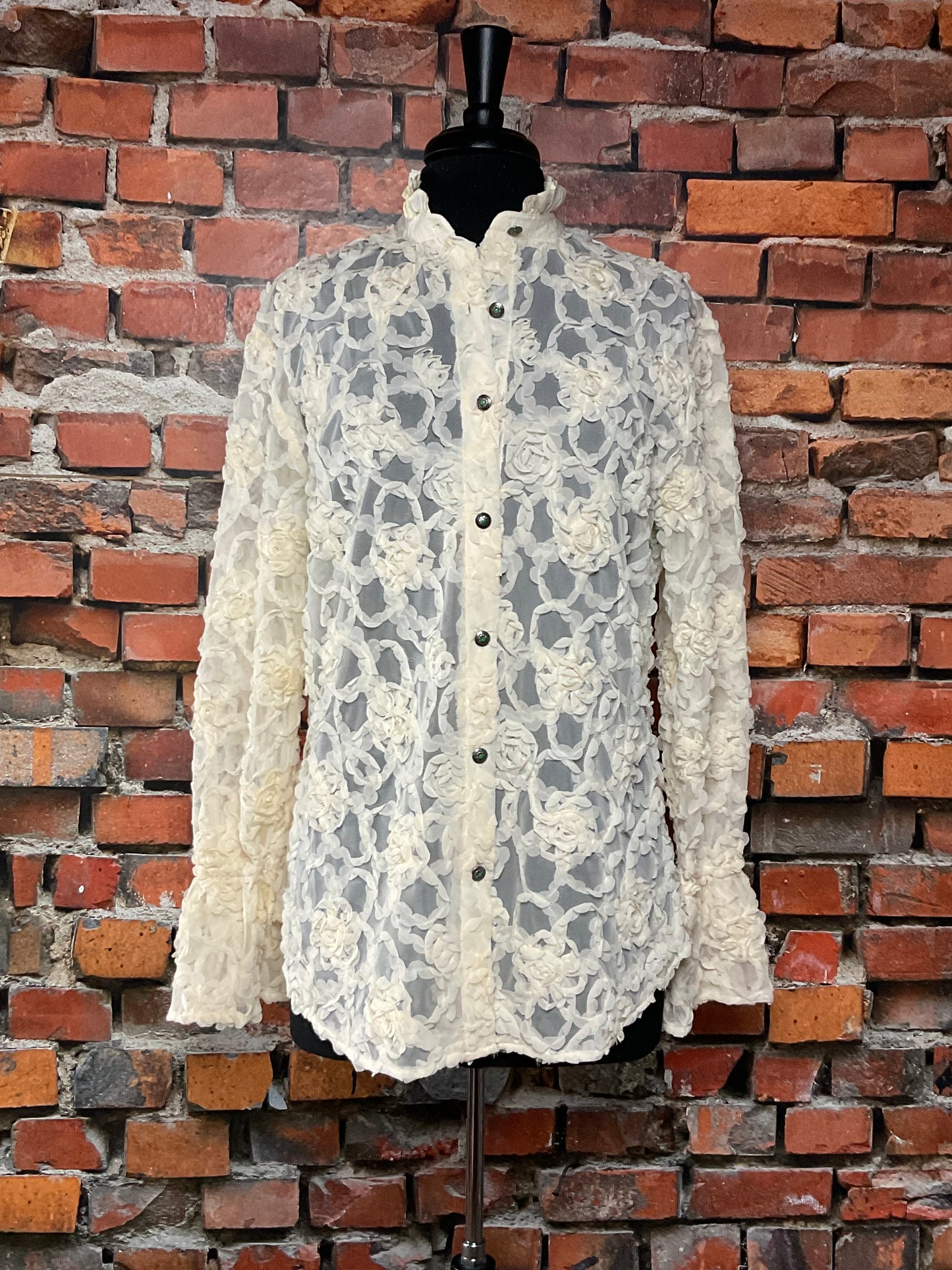 Rose Lace Blouse with Ruffled Collar and Sleeves