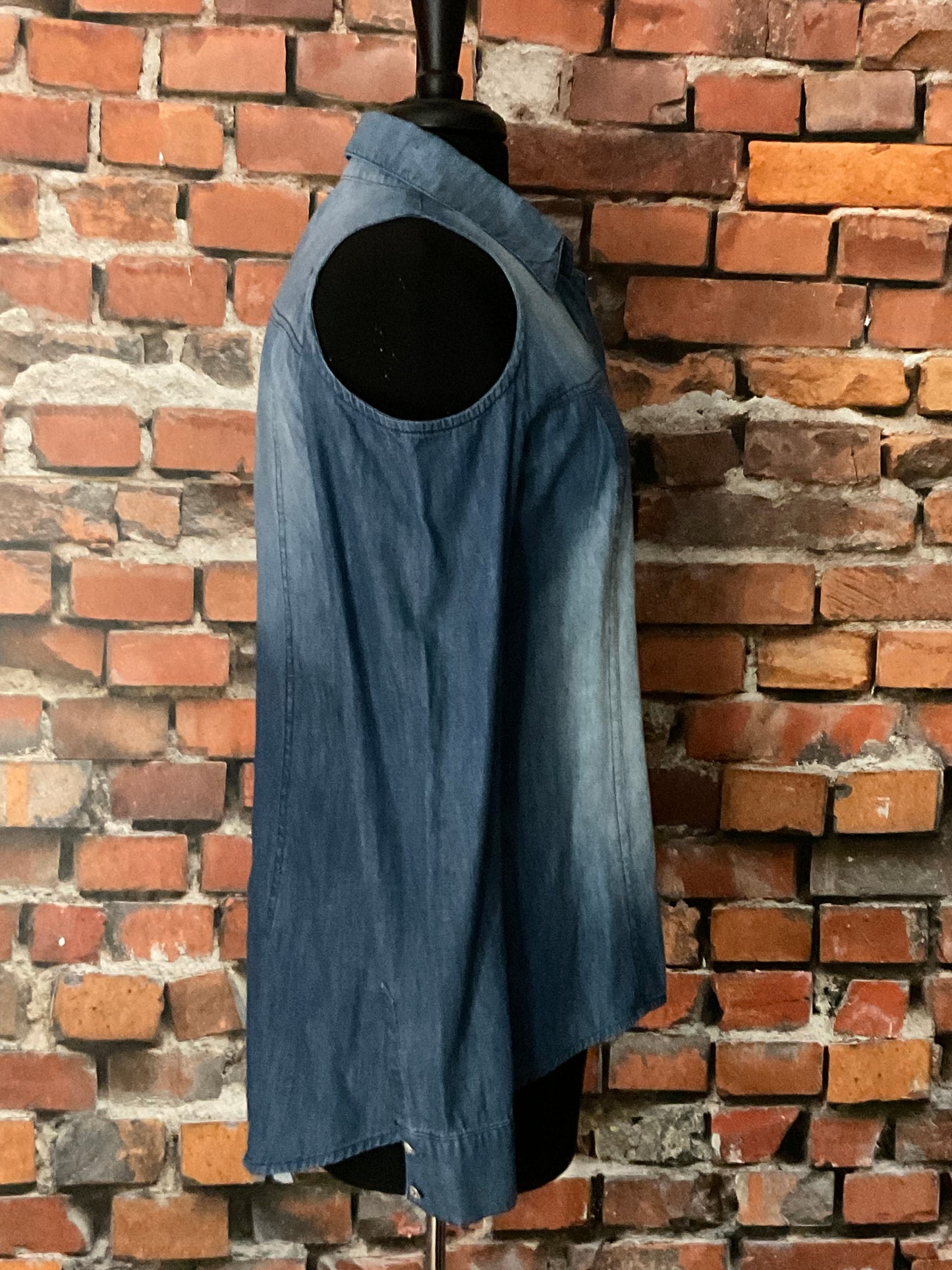 Cold-Shoulder Denim Shirt with Rhinestone Buttons