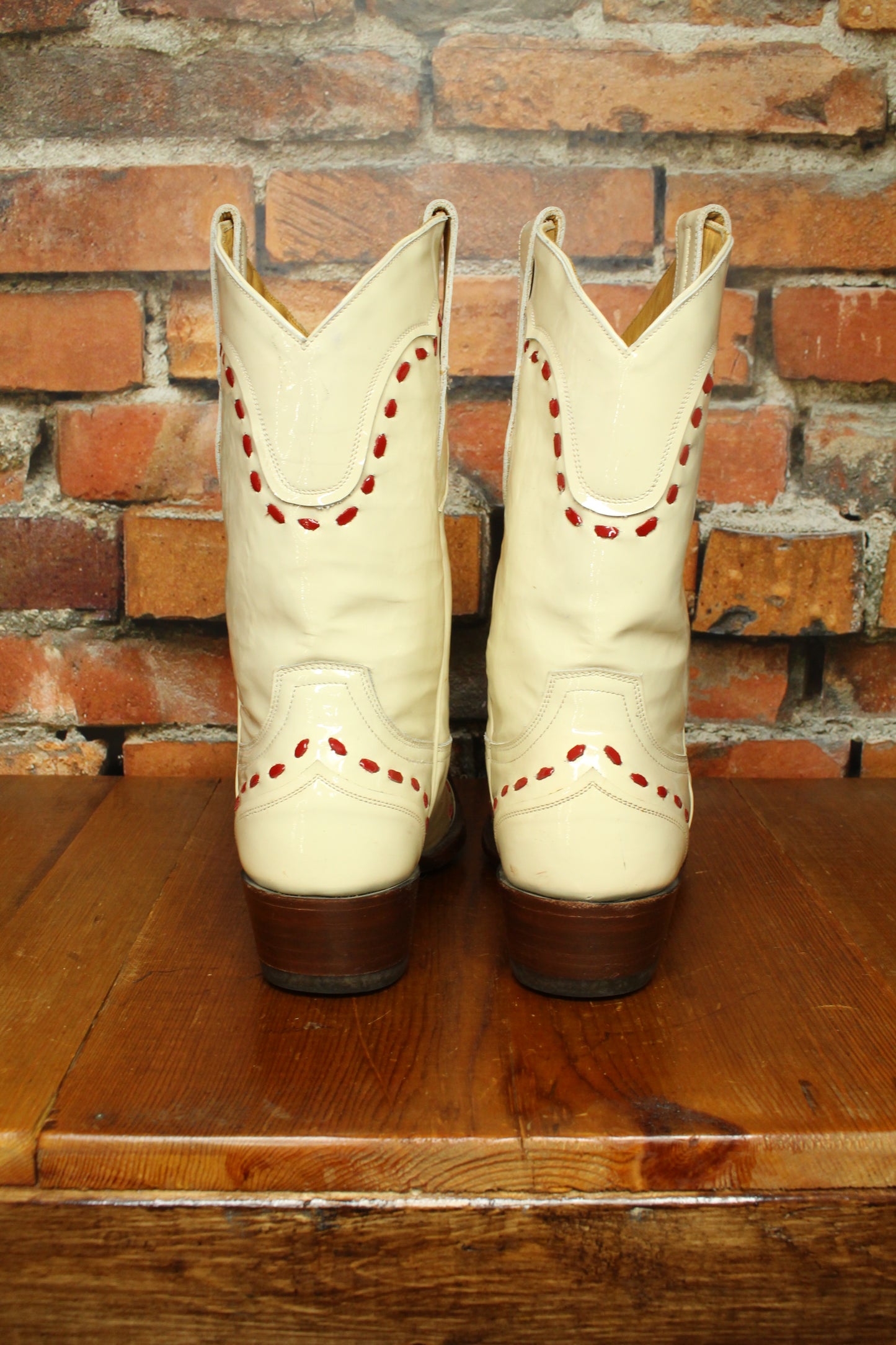 Patent Leather Ivory Boots with Red Stitching