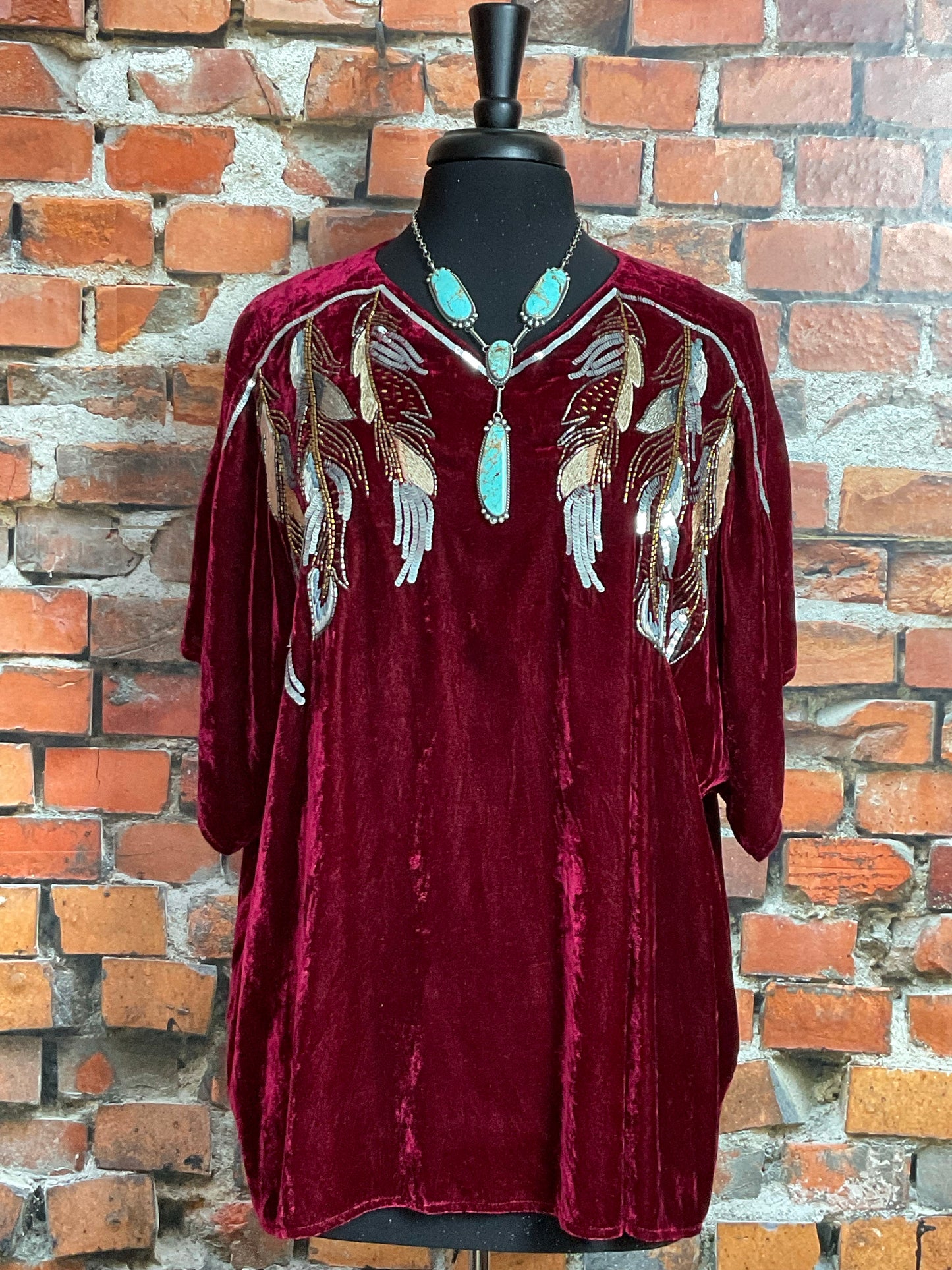Silk Blend Velvet Top with Sequin Feathers