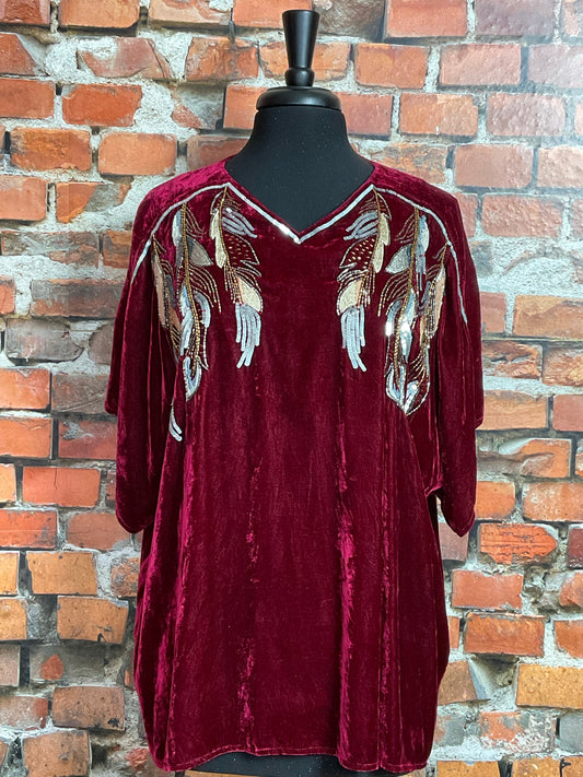 Silk Blend Velvet Top with Sequin Feathers
