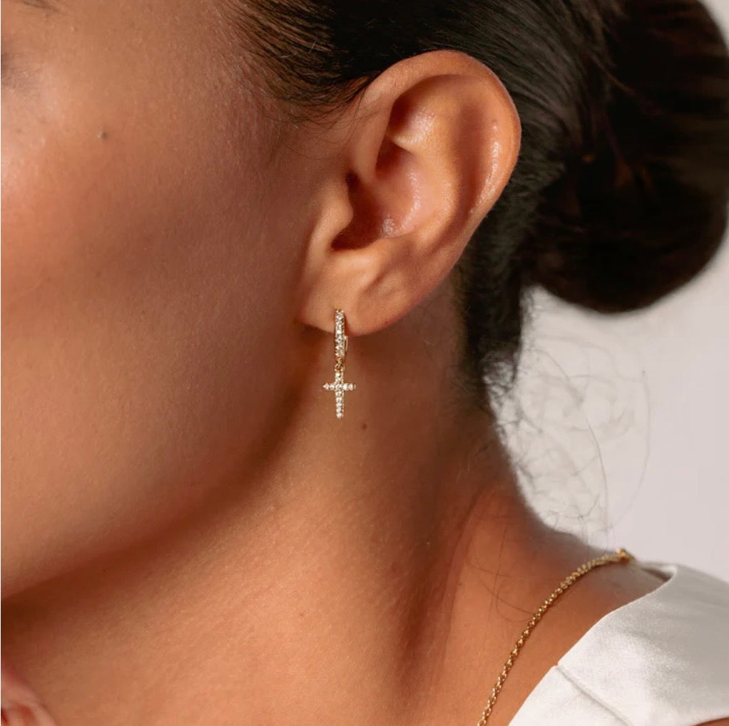 LUMINOUS PAVÉ CROSS HUGGIE HOOP EARRINGS