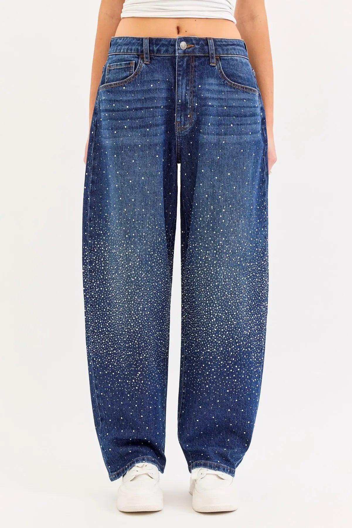 Mid Waist Embellished Barrel Jeans
