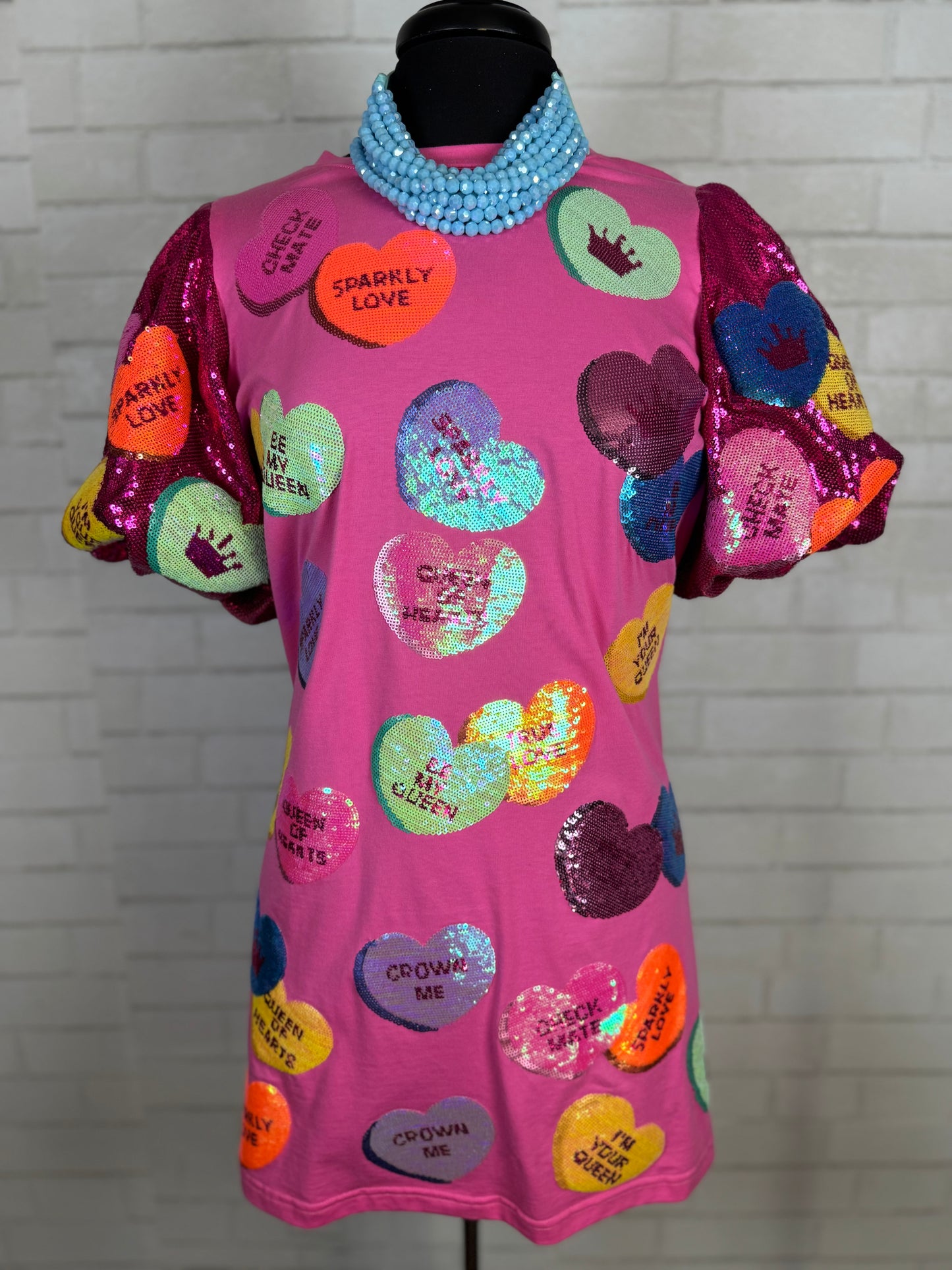 PINK SEQUIN CONVERSATION HEART POOF SLEEVE DRESS