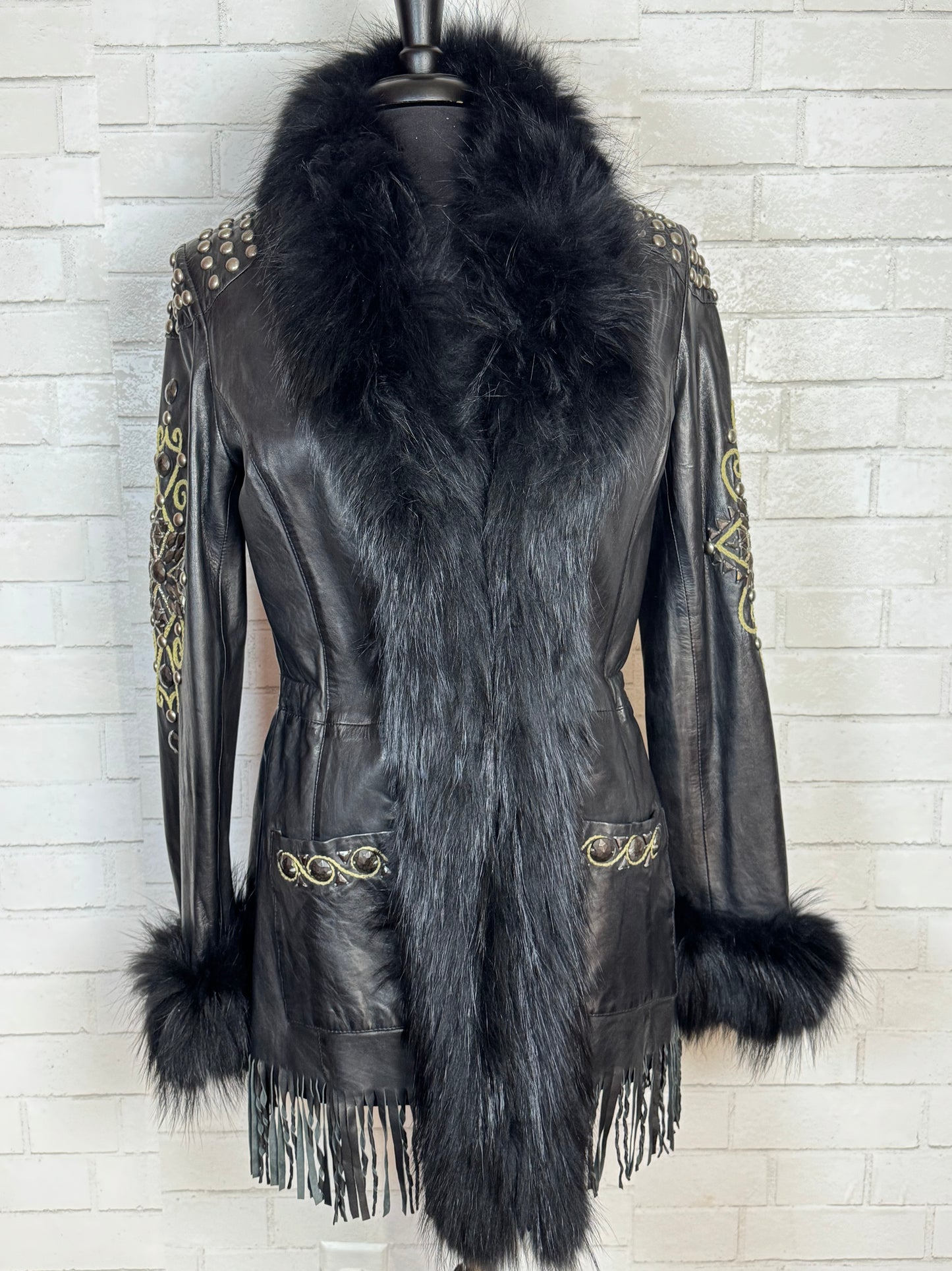 Pepi Black Leather Studs & Fur Jacket