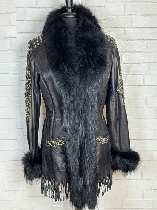 Pepi Black Leather Studs & Fur Jacket