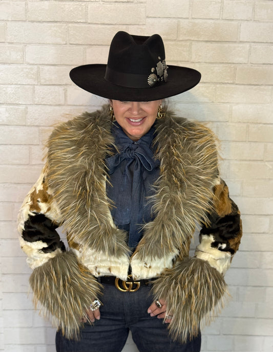 Faux Fur Shawl Collar Cow Pattern Coat