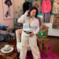 Boot Stitch Embroidered White Top w/Turquoise Snaps