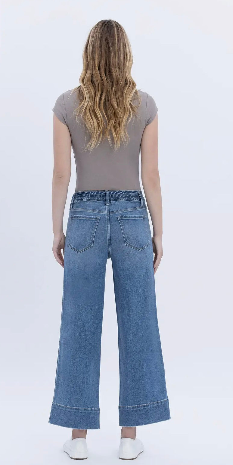 High Rise Elastic Waistband Wide Leg Jeans