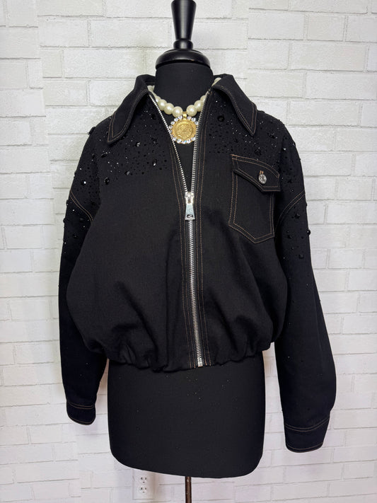 SAFINA-BLACK EMBELLISHED DENIM JACKET