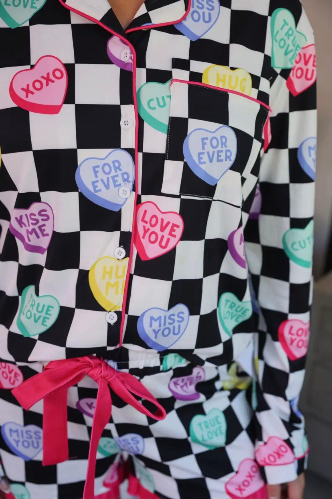 Checkered Conversation Hearts Ruffle Pajamas