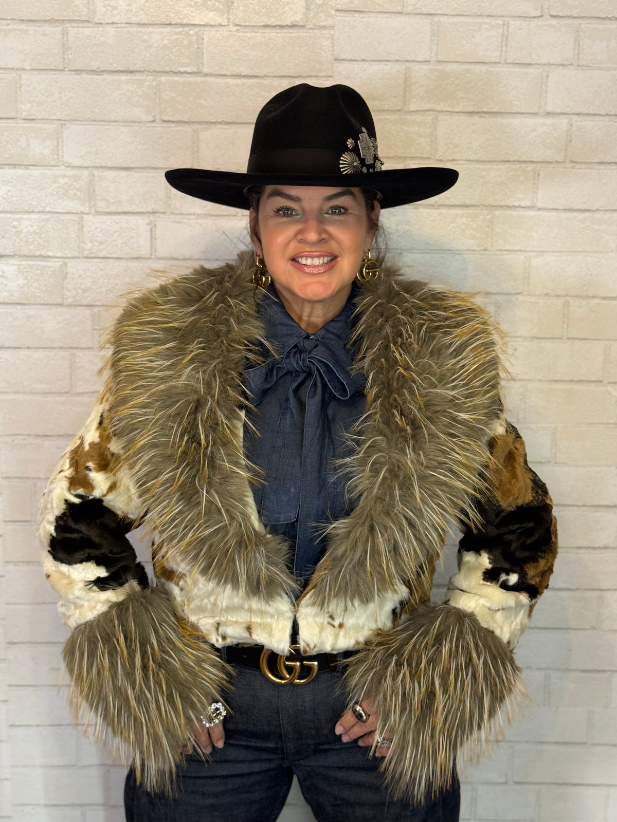 Faux Fur Shawl Collar Cow Pattern Coat
