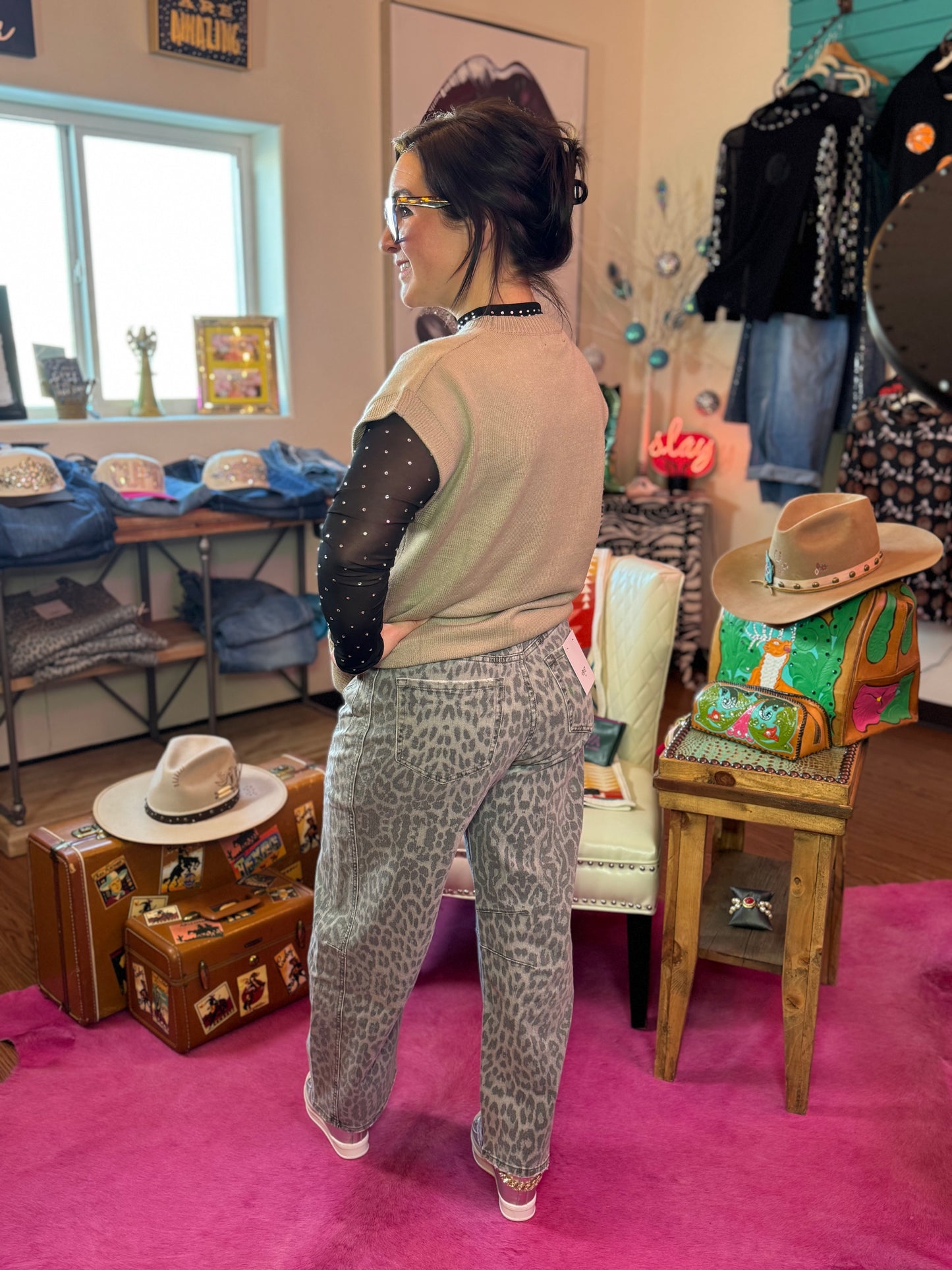 Grey Leopard Barrel Jeans