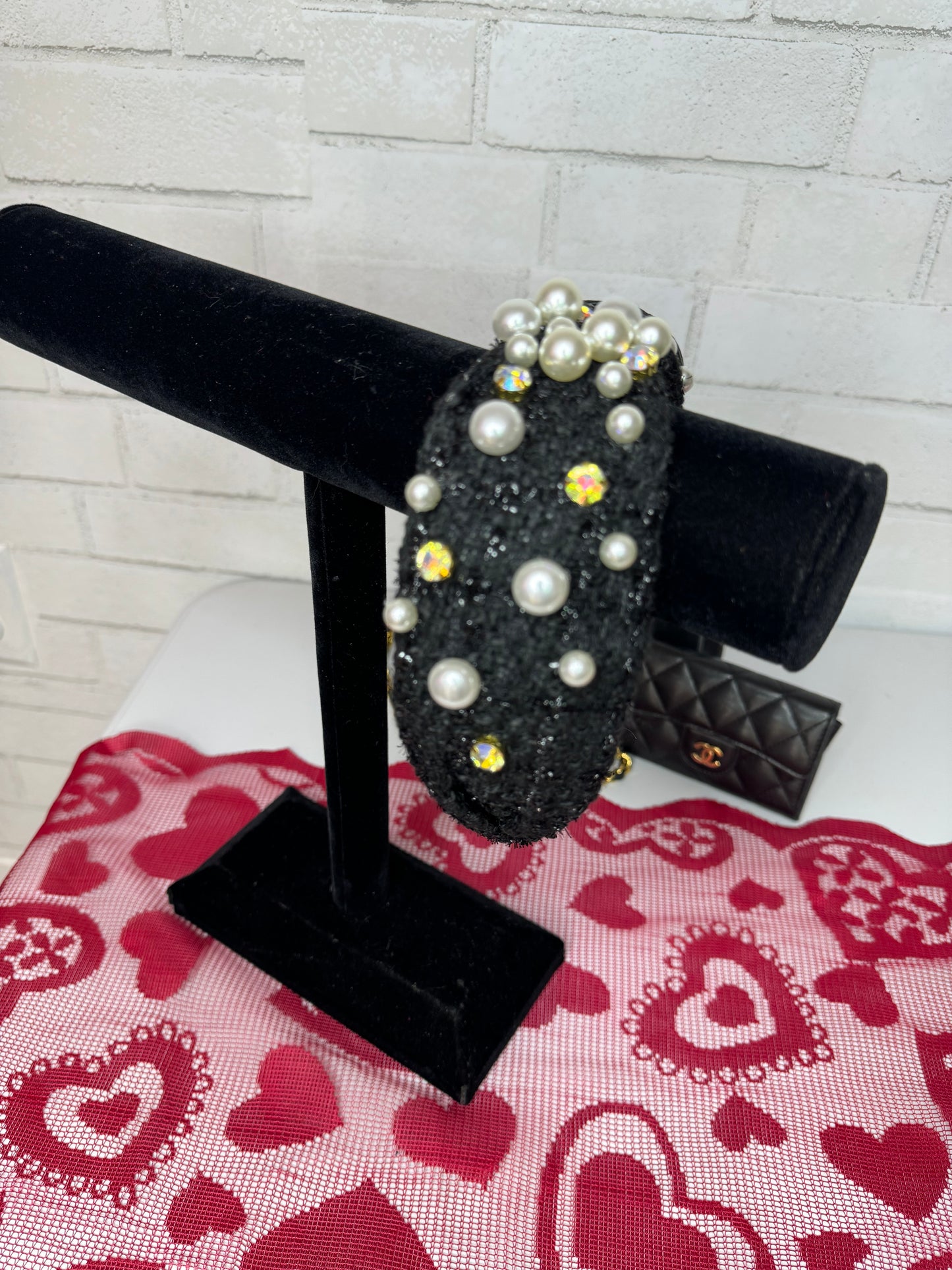 Black Headband with Pearls and AB Stones