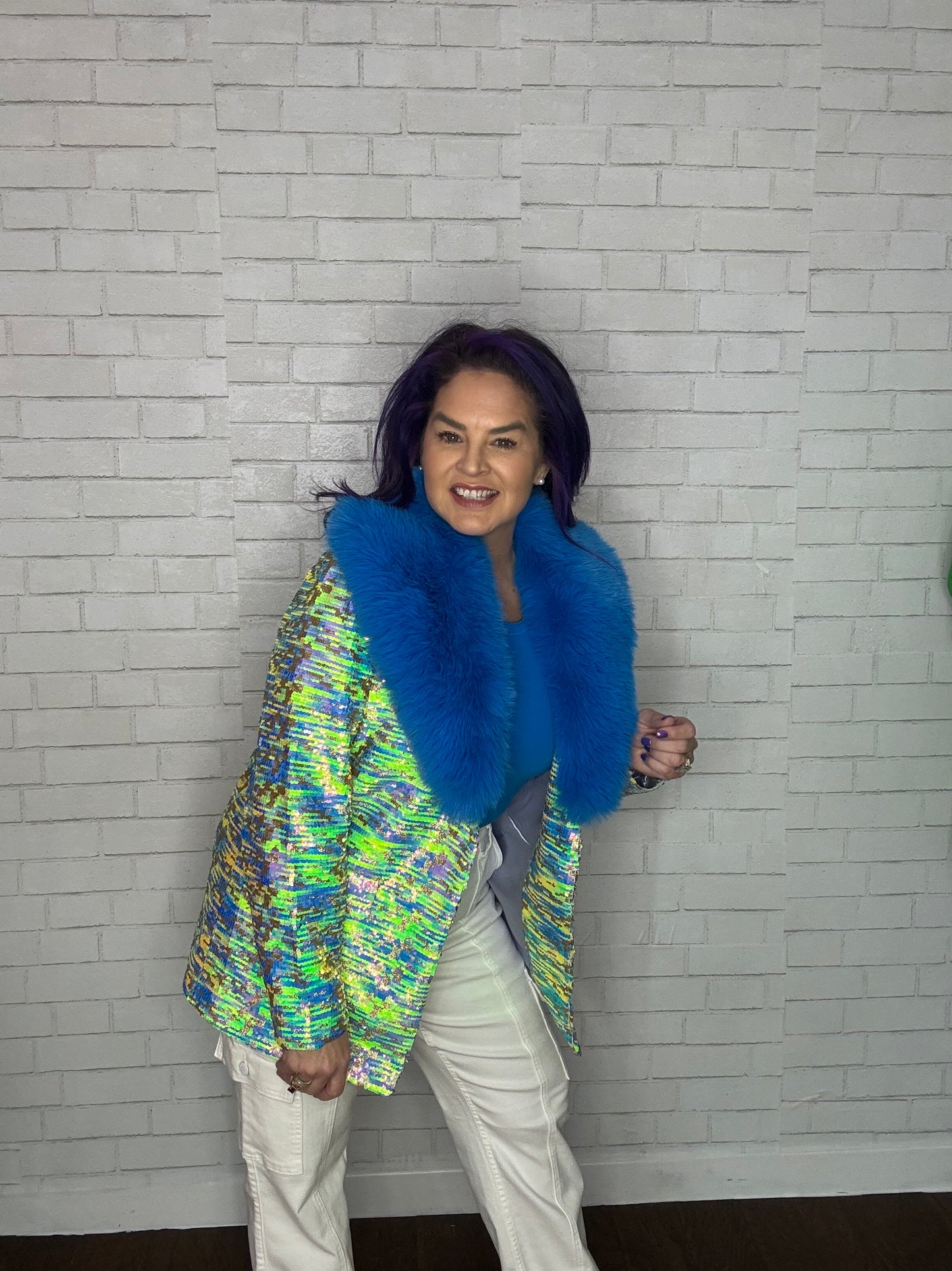 Sequin Multi-Colored Blazer w/Faux Fur Collar
