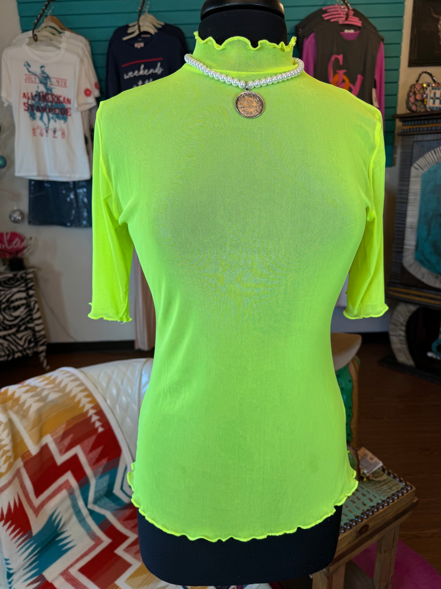 Neon Line Short Sleeve Mesh Top